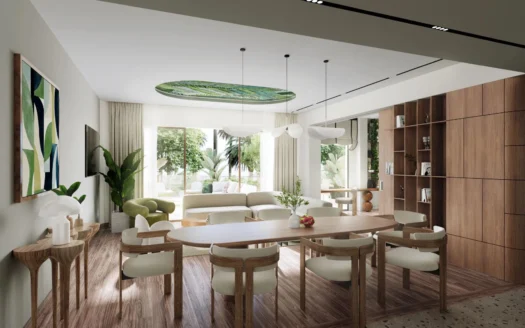 Яркая гостиная-столовая с деревянным столом и стульями