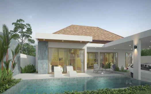 Дневной внешний вид современного особняка с бассейном и стеклянными дверьми