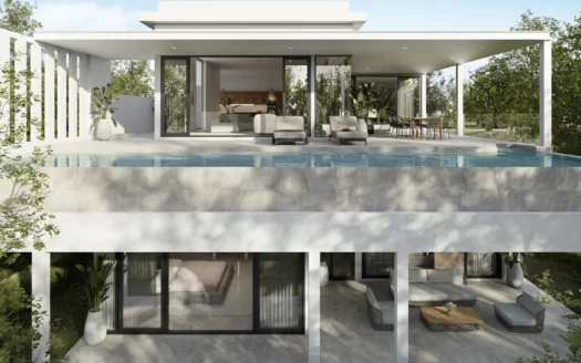 Современная вилла с стеклянными стенами, прямоугольный бассейн и тенистая терраса