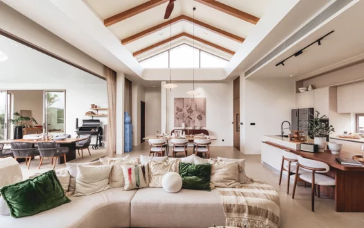 Светлая открытая гостиная-столовая-кухня с сводчатым потолком и деревянными балками