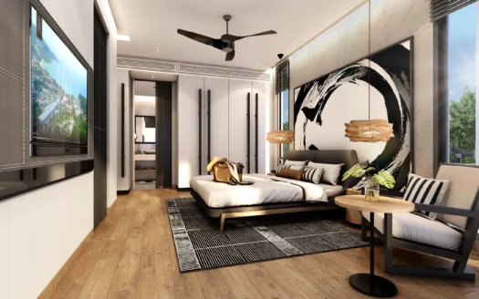 Яркая гостиничная спальня с большой кроватью и черным абстрактным рисунком на стене