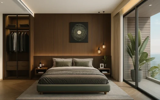 Теплая деревянная спальня с панелями на стене и видом на балкон