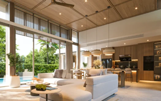 Яркая открытая гостиная с бежевыми диванами и стеклянными стенами, выход к саду