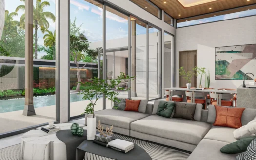 Гостиная с серым угловым диваном и стеклянными стенами смотрящими на бассейн