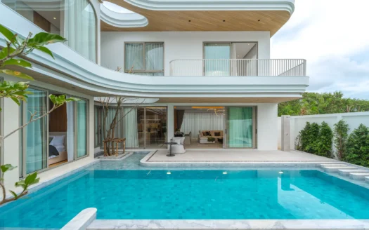 Современный белый дом с изогнутыми балконами и бирюзовым бассейном