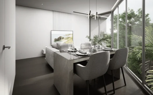 Столовая с стеклянным столом и серыми креслами у больших окон