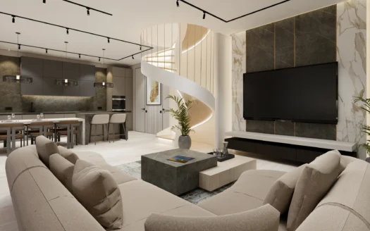 Открытая гостиная с спиральной лестницей, остров на кухне и телевизором