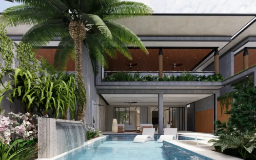 Современный двор виллы с бассейном, белыми лежаками и тропическими растениями