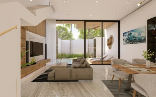 Светлая гостиная с серым диваном и стеклянной дверью к бассейну