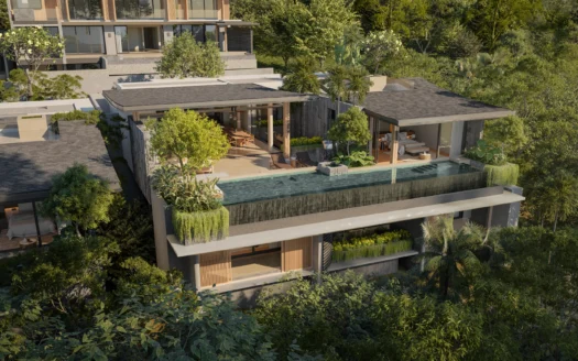 Воздушный дневной вид на современную виллу с бассейном на террасе