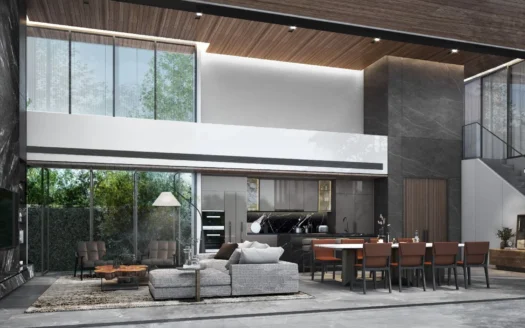 Открытая гостиная с кухней, обеденной зоной и стеклянными стенами