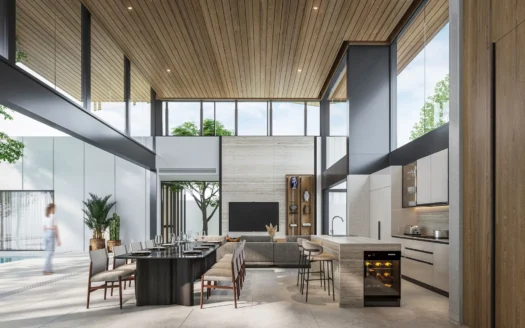 Открытая столовая и гостиная с кухонной островной зоной