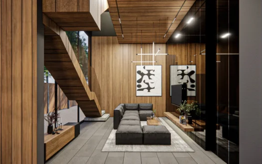 Гостиная с деревянными панелями на стенах, серый модульный диван, лестница