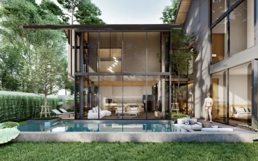 Стеклянная вилла с бассейном на переднем плане и зелёным садом