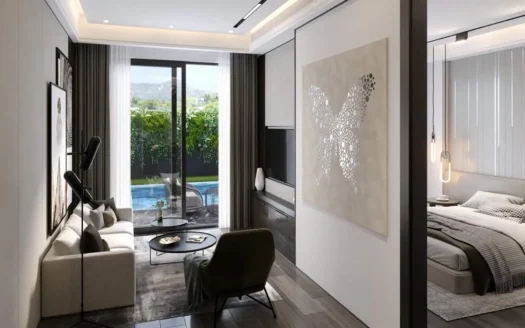 Современная гостиная с диваном, стеклянными дверями на балкон и видом на бассейн