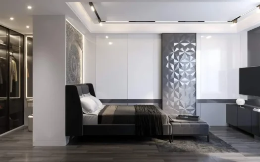 Современная спальня с черной обивкой кровати и стеклянным гардеробом