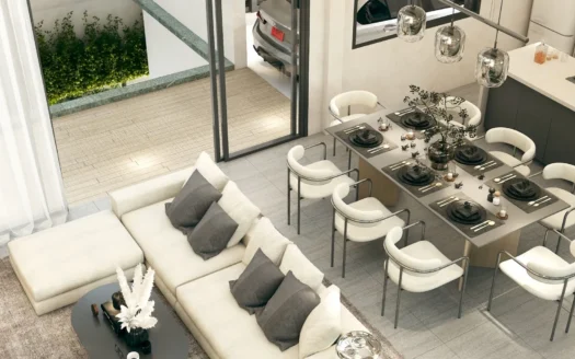 Открытая гостиная и обеденная зона с белым диваном и креслами