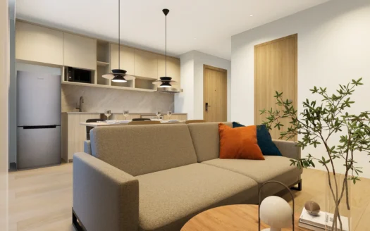 Гостиная с бежевым диваном, открытая кухня и подвесные светильники