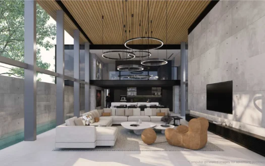 Просторная гостиная с белым диваном и круглыми светильниками