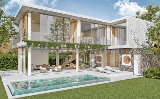 Современный двухэтажный дом с панорамными стеклянными стенами, бассейном и ухоженным газоном