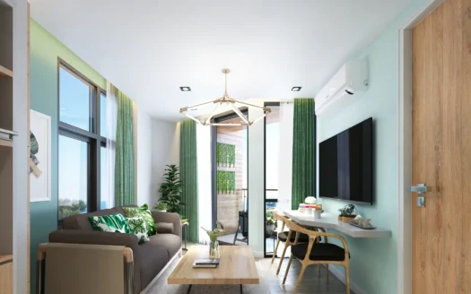 Яркая гостиная с зелёными занавесками и растениями