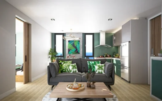 Серый диван с зелёными подушками в открытой гостиной