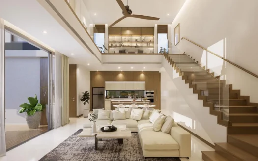 Двухэтажная гостиная с бежевым угловым диваном и стеклянной лестницей