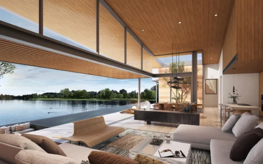 Гостиная с видом на озеро и деревянным потолком