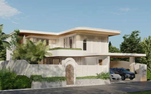 Современная двухэтажная вилла с изогнутой крышей, белым фасадом и тропическими ландшафтами