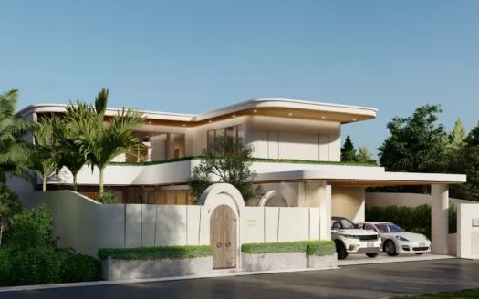 Современный двухэтажный дом с изогнутой крышей, воротами и пальмами