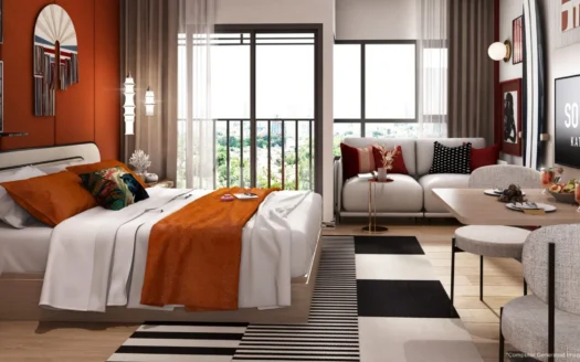 Спальня с оранжевой стеной, белым постельным бельём и видом на балкон