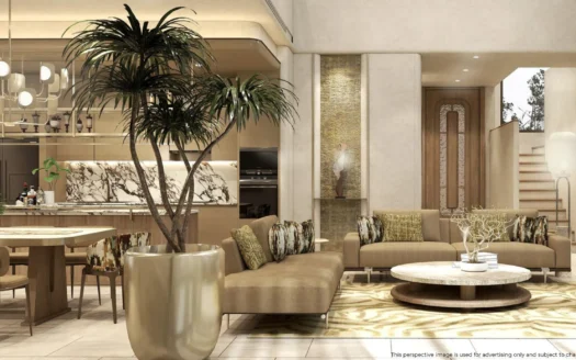 Открытое пространство гостиной с бежевыми диванами и мраморной островной кухней