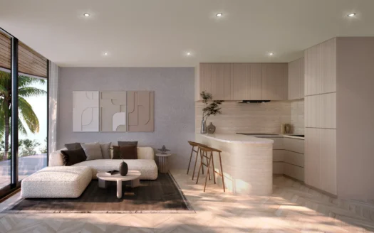 Гостиная с изогнутым островом из светлого дерева на кухне