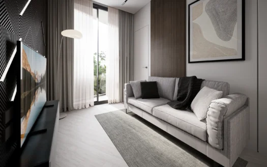 Гостиная с серым диваном и деревянной акцентной стеной