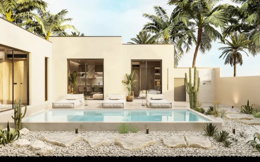 Экстерьер современной виллы с бассейном, шезлонгами и пальмами