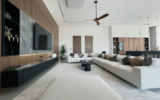 Просторная гостиная с белым диваном, телевизором и мраморной панелью