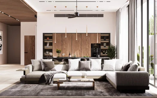 Яркая гостиная с серым модульным диваном и деревянными кухонными шкафами