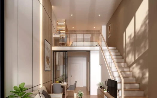 Гостиная в стиле лофт с мансардной спальней и лестницей