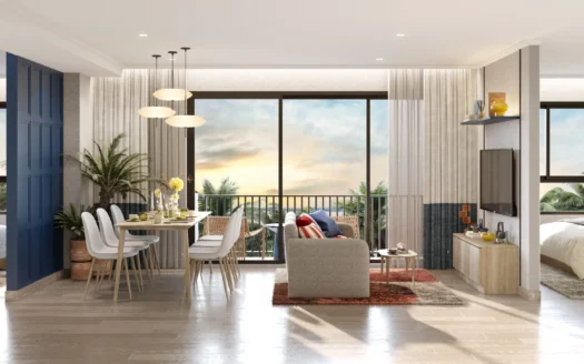 Светлая открытая зона гостиная и столовая с балконом и закатом