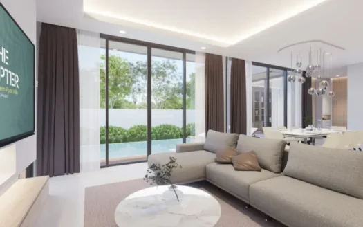 Яркая гостиная с бежевым диваном и мраморным кофейным столиком, вид на бассейн