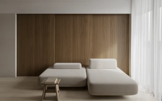 Два бежевых модульных дивана перед деревянной стеной, дневной свет