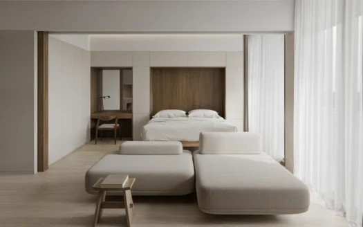 Спальня с низким деревянным изголовьем и бежевым диваном