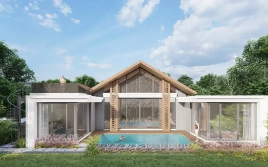 Современная вилла со стеклянными стенами и двускатной крышей, бассейн