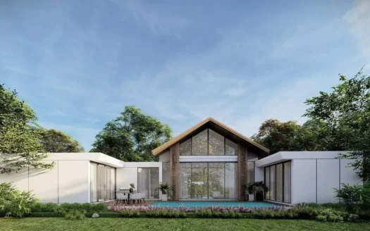 Передний вид современного дома с стеклянной фасадой и бассейном