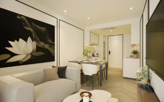 Гостиная с бежевым диваном и лотосом на стене