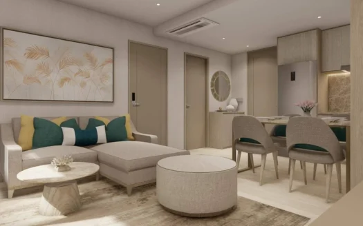 Гостиная с бежевым диваном и круглым пуфом, видна обеденная зона