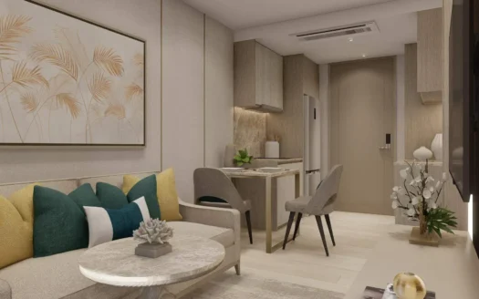 Гостиная с бежевым диваном, пальмовая картина и мраморный столик