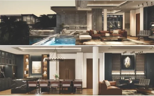 Роскошный открытый интерьер с кухней из темного мрамора и бассейном