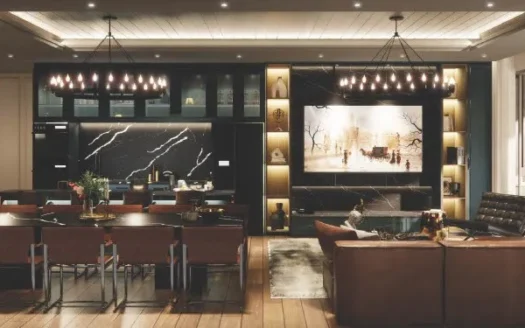 Открытая гостиная с кожаными диванами и телевизором на стене