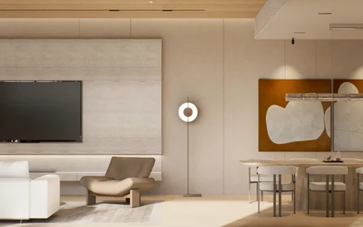 Гостиная с белым угловым диваном и настенным телевизором